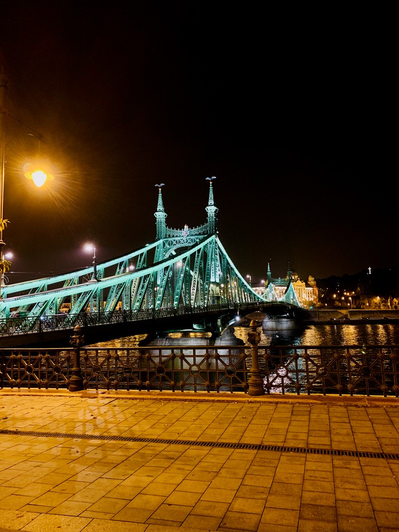 Arafed bridge over a river at night with a person walking on the sidewalk (water, light, street light, electricity, bridge)