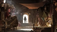 Une scène de marché désolée de "The Mandalorian", avec une silhouette de figure encapuchonnée dans l'embrasure de la porte, entourée de détails complexes d'architecture extraterrestre et d'une activité animée.