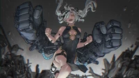 Dynamic Anime Character with Mechanical Arms in a Ruined Landscape