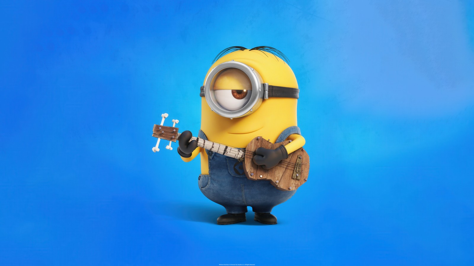 Un pequeño juguete amarillo con una guitarra en la mano (stuart, minion, 5k, 8k, fondo azul)