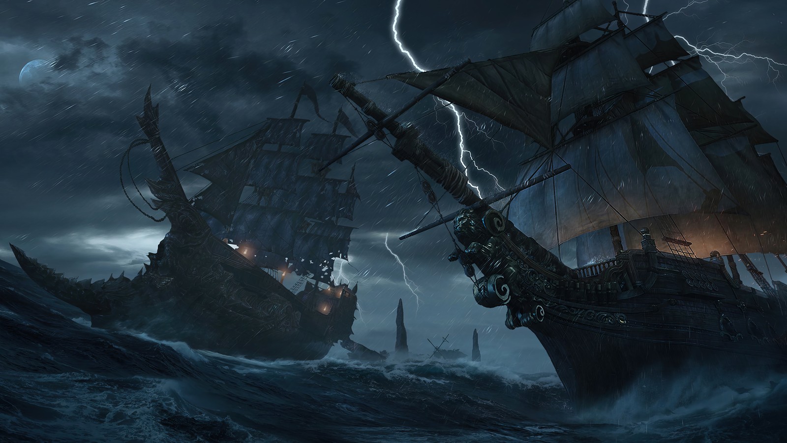 A close up of a ship in the ocean with lightning coming from it (lost ark, mmorpg, video game, ship)