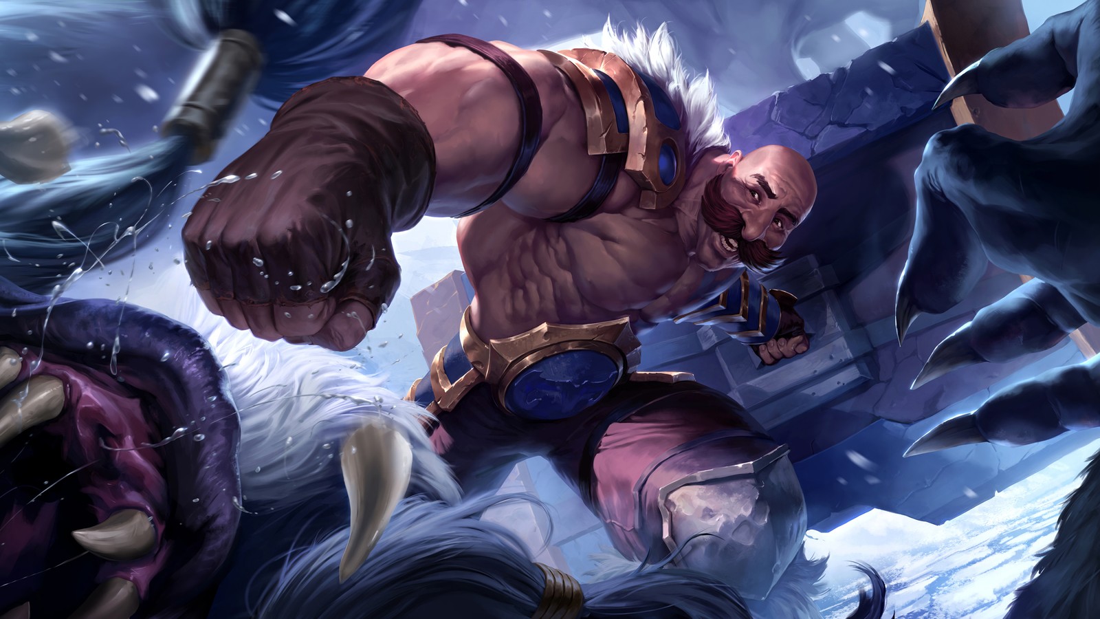 Un gros plan d'un homme avec un marteau à la main entouré de monstres (braum, lol, league of legends, legends of runeterra, jeu vidéo)