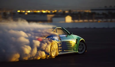 Nissan GT-R derrapando en la pista de carreras con humo de neumáticos