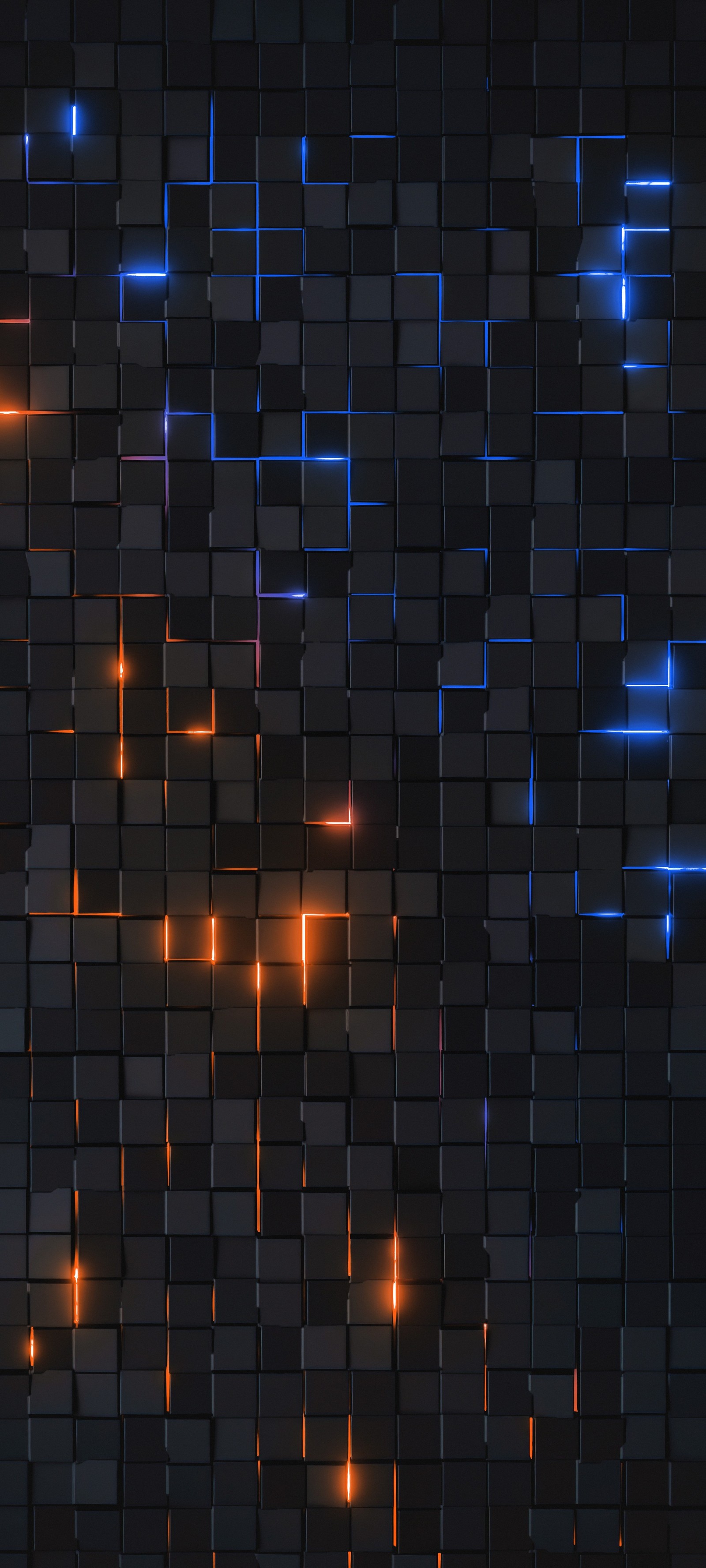 Arafed image of a wall of black and orange lights (smartphone, light, rectangle, purple, brick)