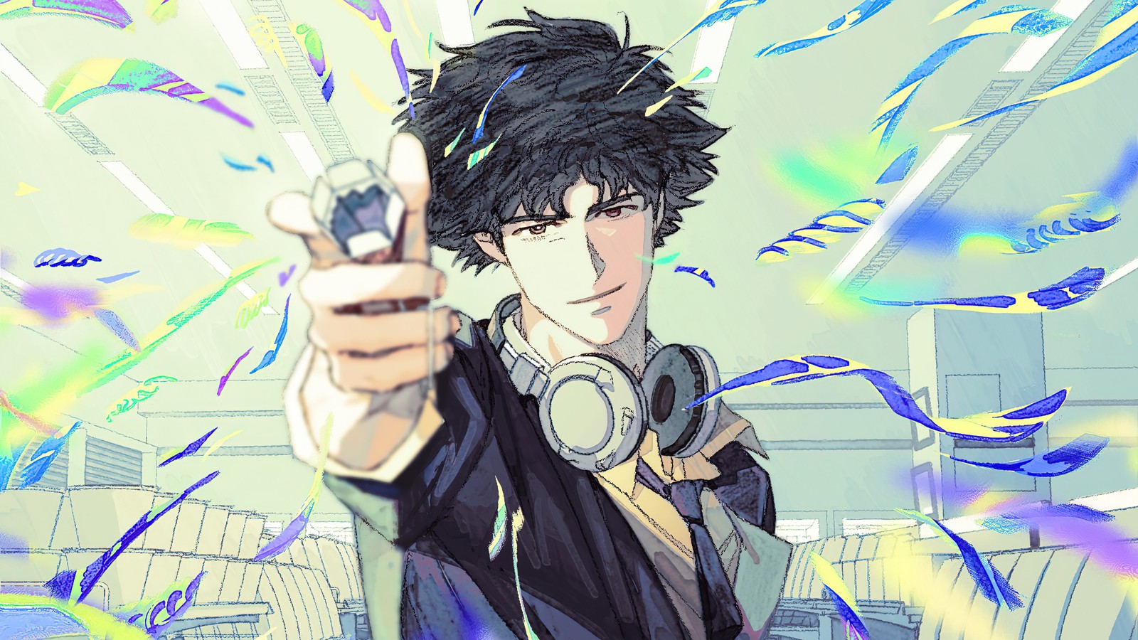 Anime-junge mit kopfhörern, der auf etwas mit vielen bunten streamern zeigt (spike spiegel, cowboy bebop, anime)