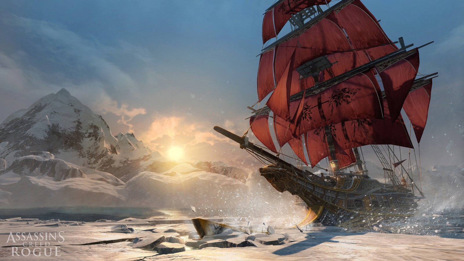 Um navio navegando no oceano com uma montanha ao fundo (assassins creed rogue, assassins creed iii, assassins creed brotherhood, ubisoft, xbox 360)