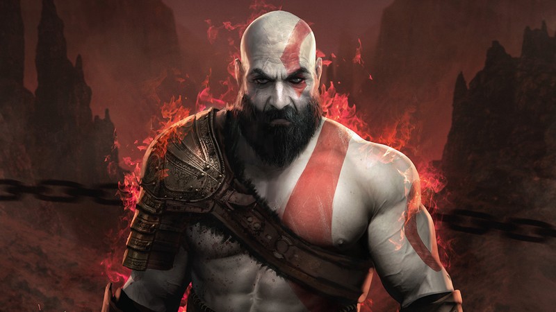 Мужчина с бородой в красно-черном наряде (god of war, kratos, бог войны iii, god of war iii, боги войны восхождение)