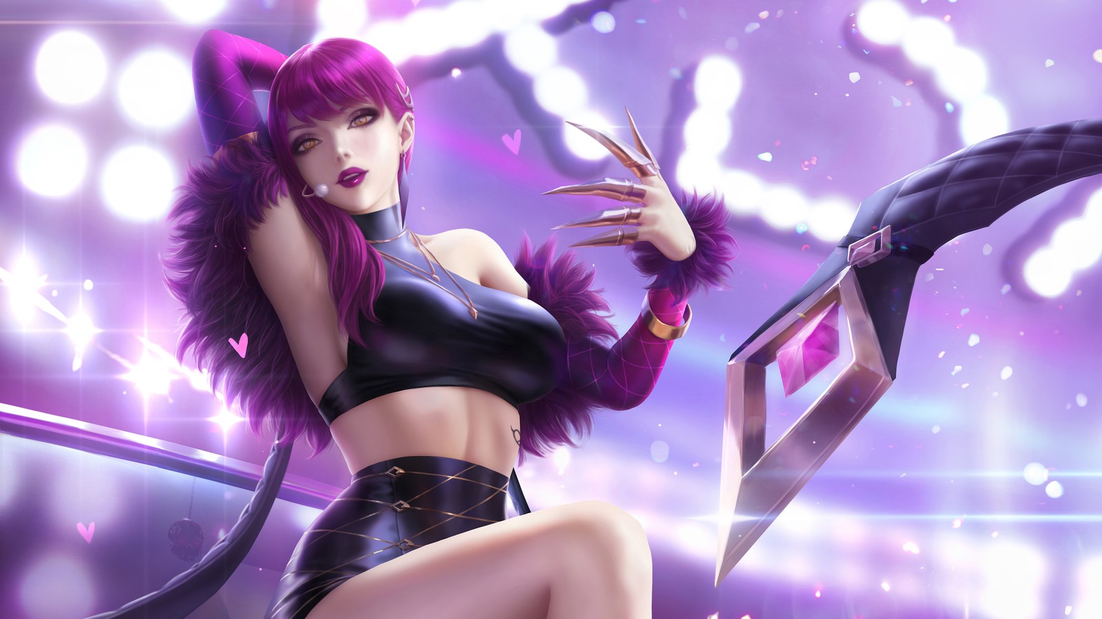 Eine frau in schwarzer kleidung mit einem schwert vor lila hintergrund (kda, evelynn, lol, league of legends, videospiel)