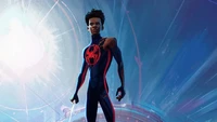 Miles Morales as Spider-Man in a vibrant, dynamic scene from "Spider-Man: Across the Spider-Verse.