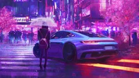 girls, night, raining, city, car wallpaper