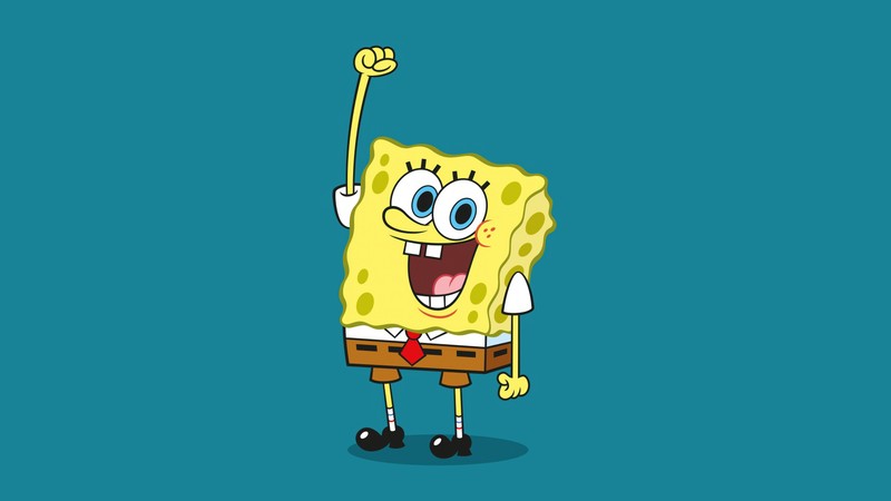 Мультяшная губка с счастливым лицом и поднятыми руками (губка боб, spongebob, мультфильм, смайлик губки боба, 5k)