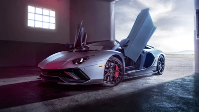 Lamborghini Aventador LP 780-4 Ultimae с поднятыми дверями, демонстрирующий свой элегантный дизайн в слабо освещенном гараже.