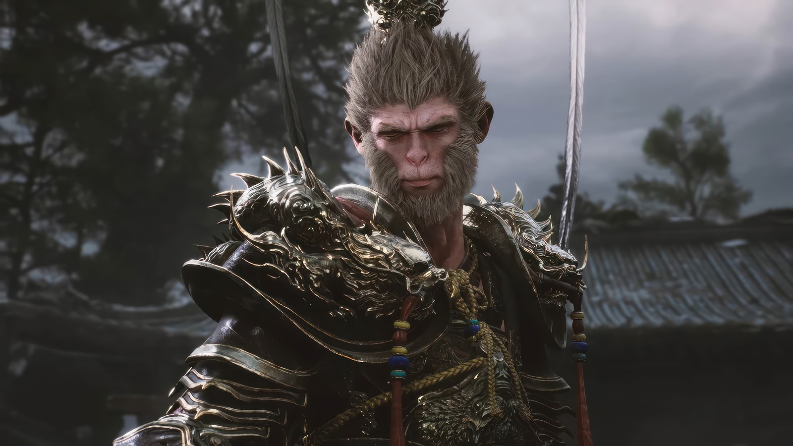 Primer plano de un hombre en armadura sosteniendo una espada (mito negro wukong, black myth wukong, videojuego)