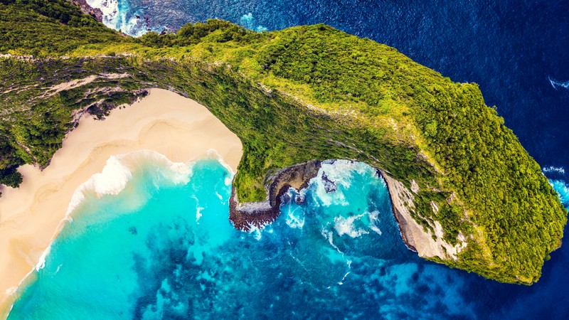 Вид сверху на пляж и утес с синем океаном (kelingking beach, вид с воздуха, penida island, индонезия, живописный)