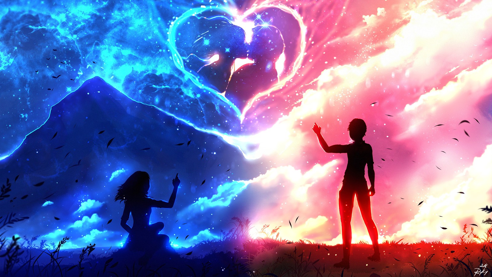 anime, couple, silhouette, heart wallpaper