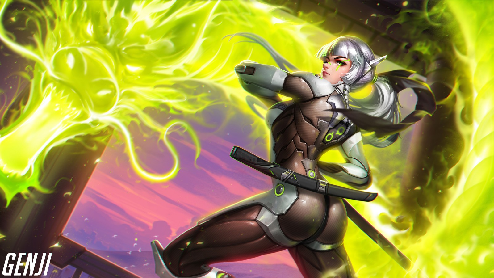 Une femme en tenue blanche tient une épée et un feu vert (genji, dragon, filles, overwatch, jeu vidéo)