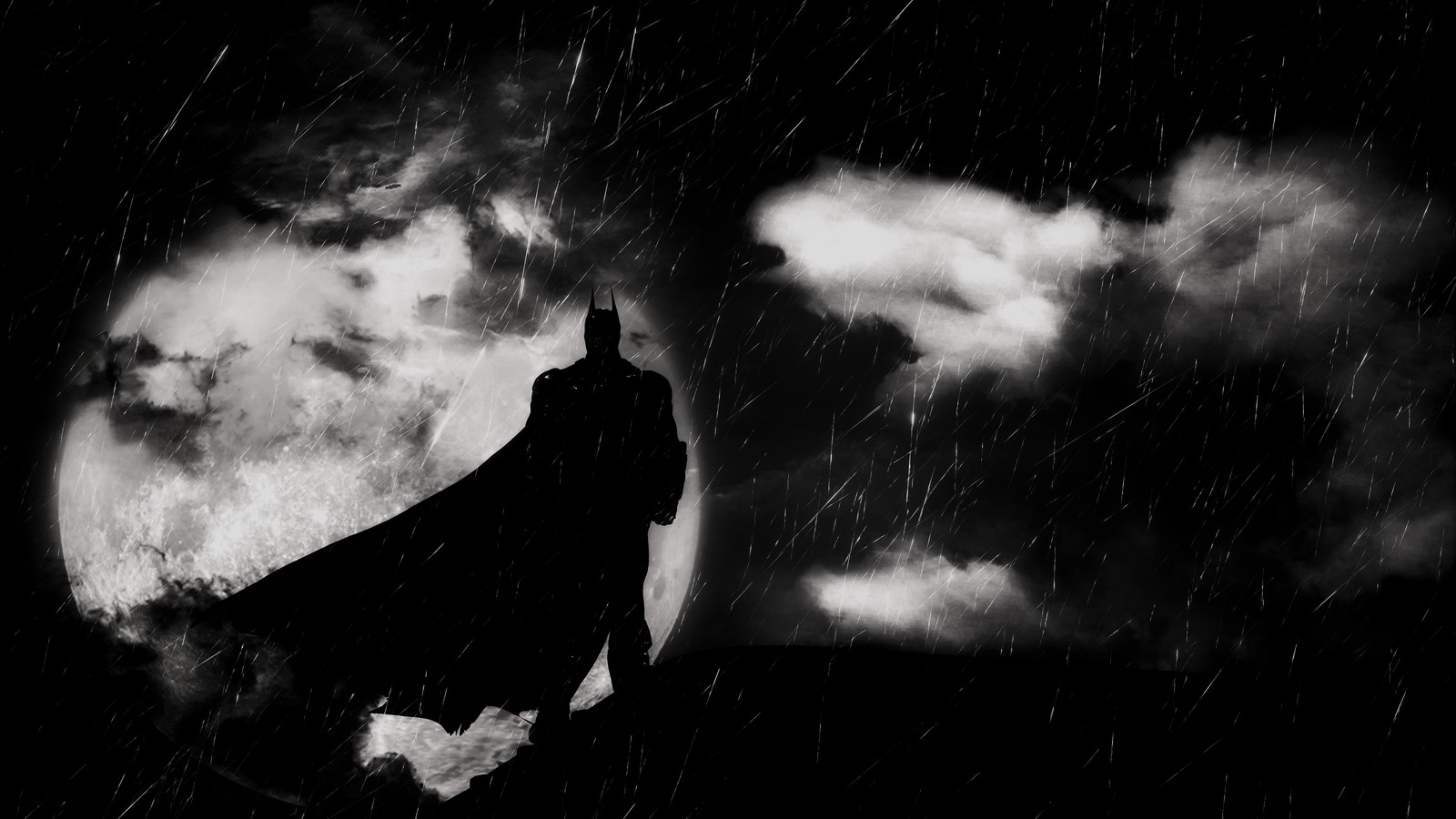 Batman bajo la lluvia con una luna llena detrás de él (batman, batman arkham knight, negro, blanco, atmósfera)