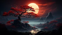 plein, lune, japonais, arbre, nuit