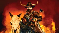 Um cowboy mascarado a cavalo, empunhando um rifle, em meio a chamas e caos, simbolizando a anarquia e a sobrevivência em "A Purificação Eterna" (2021).