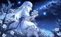 Gelassenes Anime-Mädchen in einer sternenklaren Nacht mit Blüten