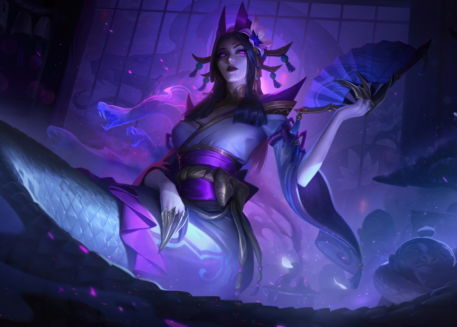 A woman in a purple outfit holding a sword and a blue hat (spirit blossom cassiopeia, league of legends, purple aesthetic, games, 4k wallpaper)