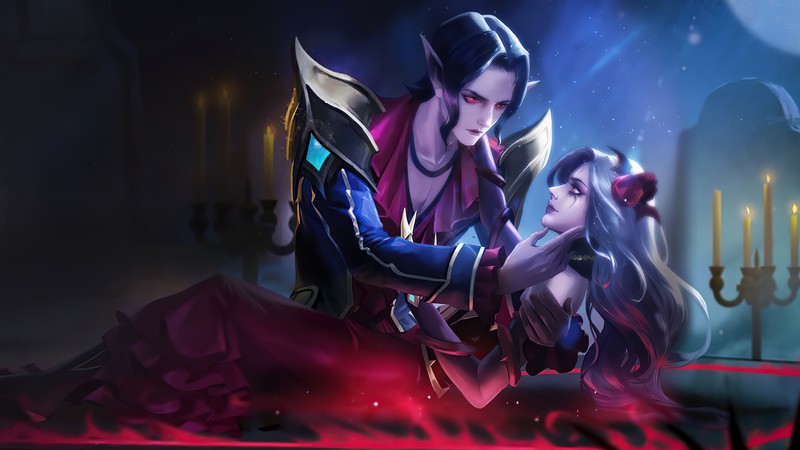 Пара людей в комнате с свечами и столом (цецилион, cecilion, кармила, carmilla, mobile legends)