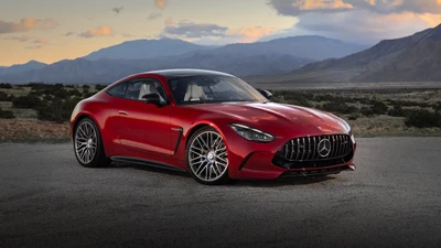 2024 Mercedes AMG GT 63 S 4MATIC em vermelho marcante contra uma paisagem dramática.