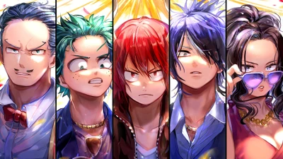 Héros dynamiques de My Hero Academia : Tenya Iida, Izuku Midoriya, Eijiro Kirishima, Shoto Todoroki et Momo Yaoyorozu