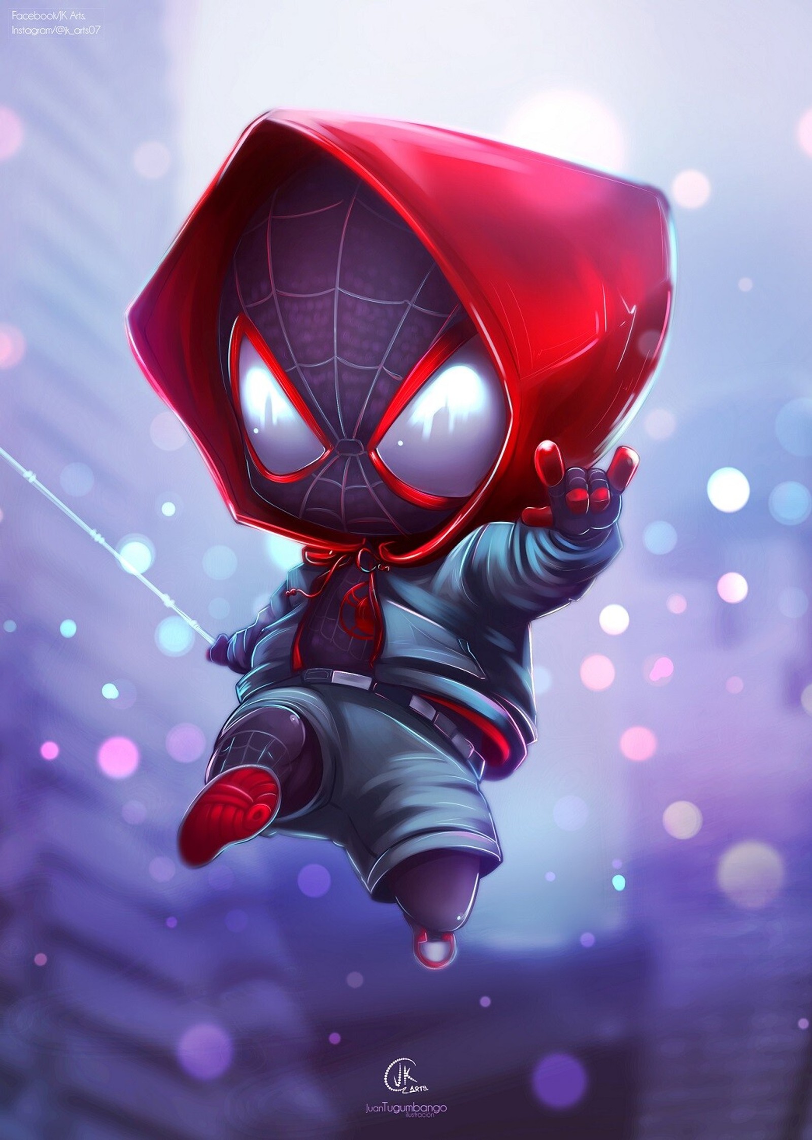 Spider-man en un hoodie volant dans les airs (chibi, mignon, spiderman)