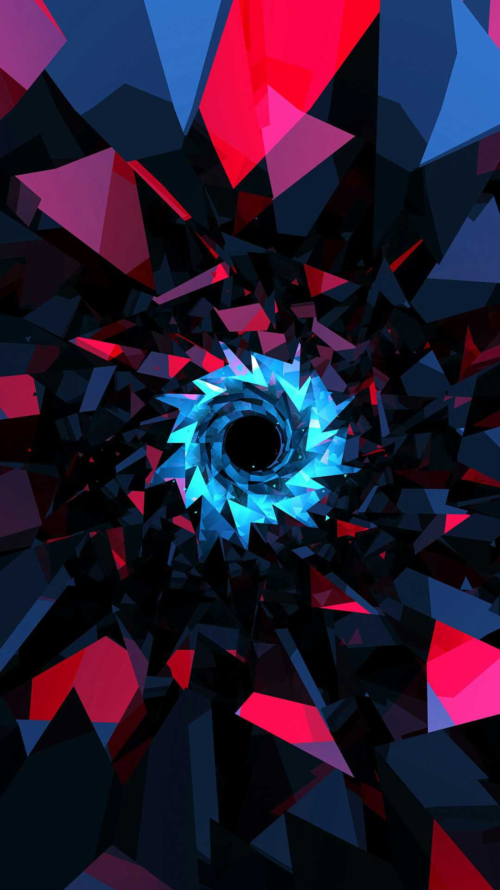 A close up of a blue and red abstract design with a black center (black hole, blue, colorful, pink, s7)