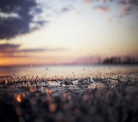 Des gouttes de pluie dansent sur un horizon teinté de coucher de soleil