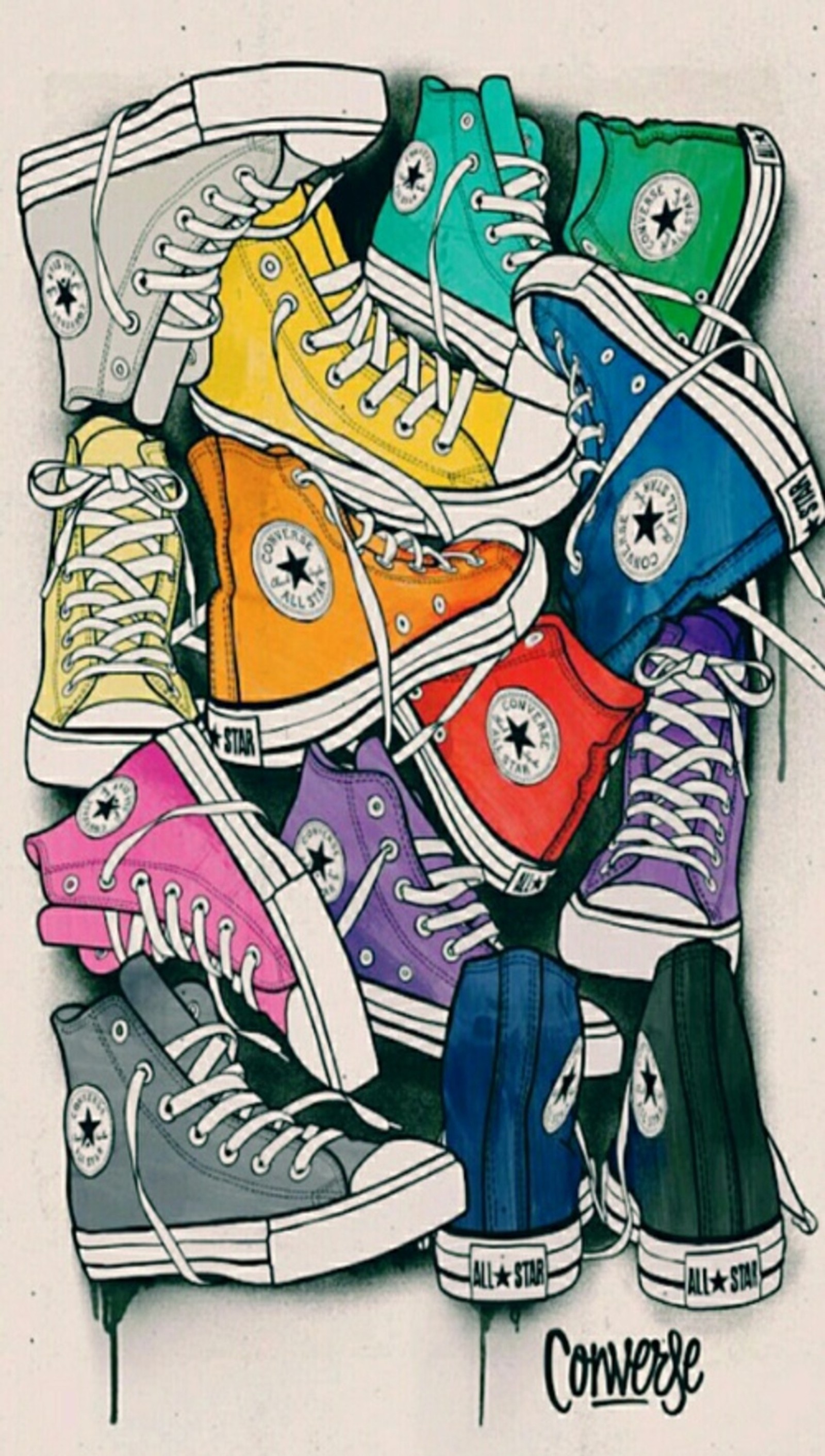 Uma pintura de um monte de tênis coloridos sobre um fundo branco (converse, sapatos, papel de parede)