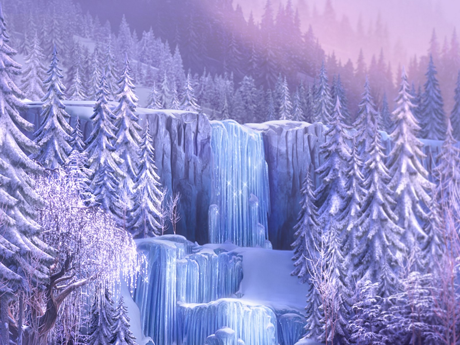 Verschneite szene eines gefrorenen wasserfalls mit bäumen und schnee (frozen, olaf, schnee, schneemann, winter)