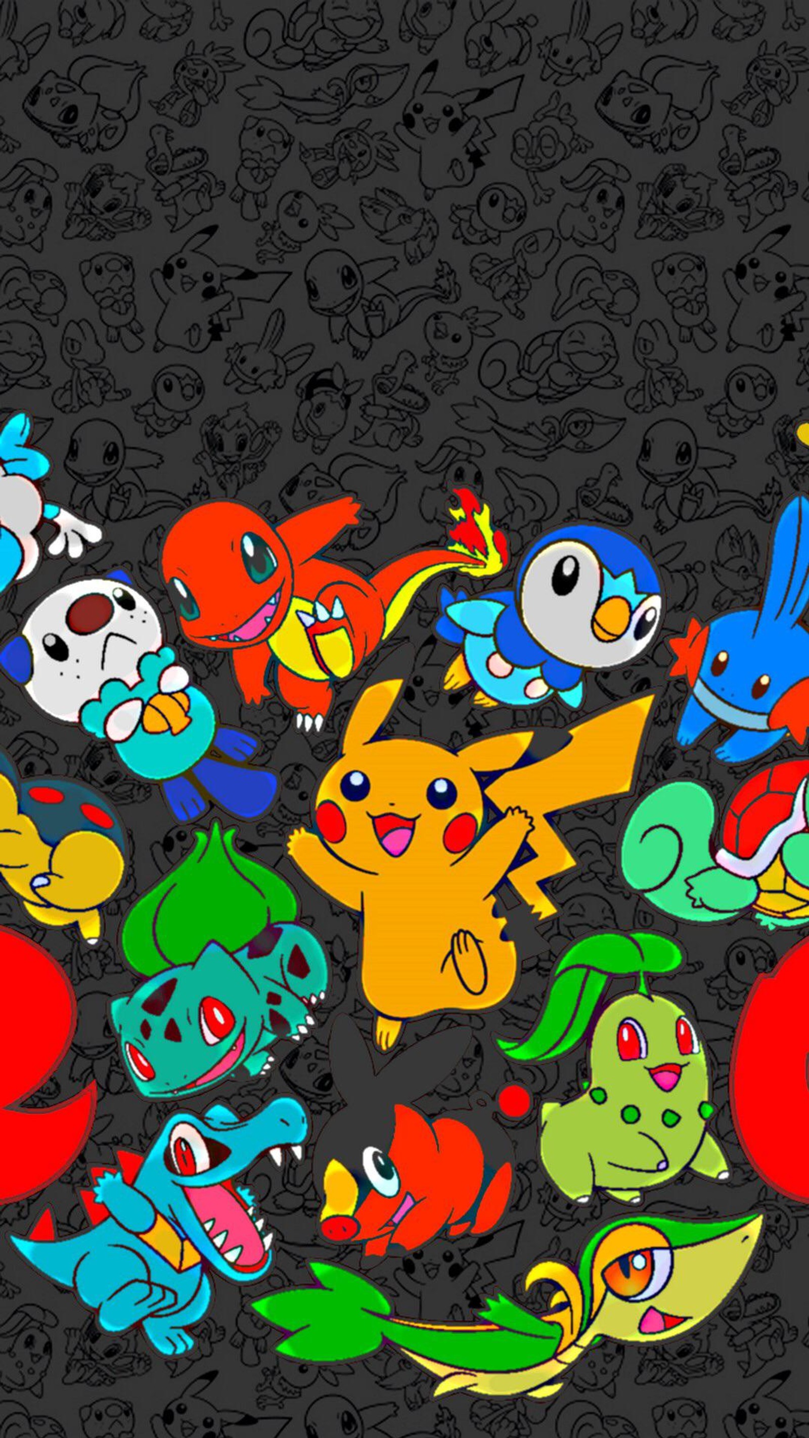 Fondos de pantalla de pokémon con muchos personajes de diferentes colores en un fondo negro (anime, pikachu, pokémon go, pokemon go, android)