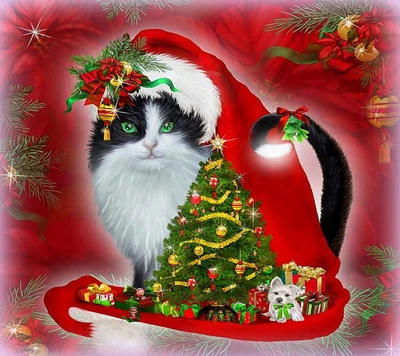 Gato festivo com árvore de Natal e decorações