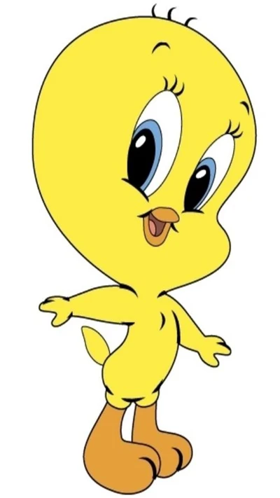 Cheerful cartoon character Tweety Bird with bright yellow feathers and expressive blue eyes.