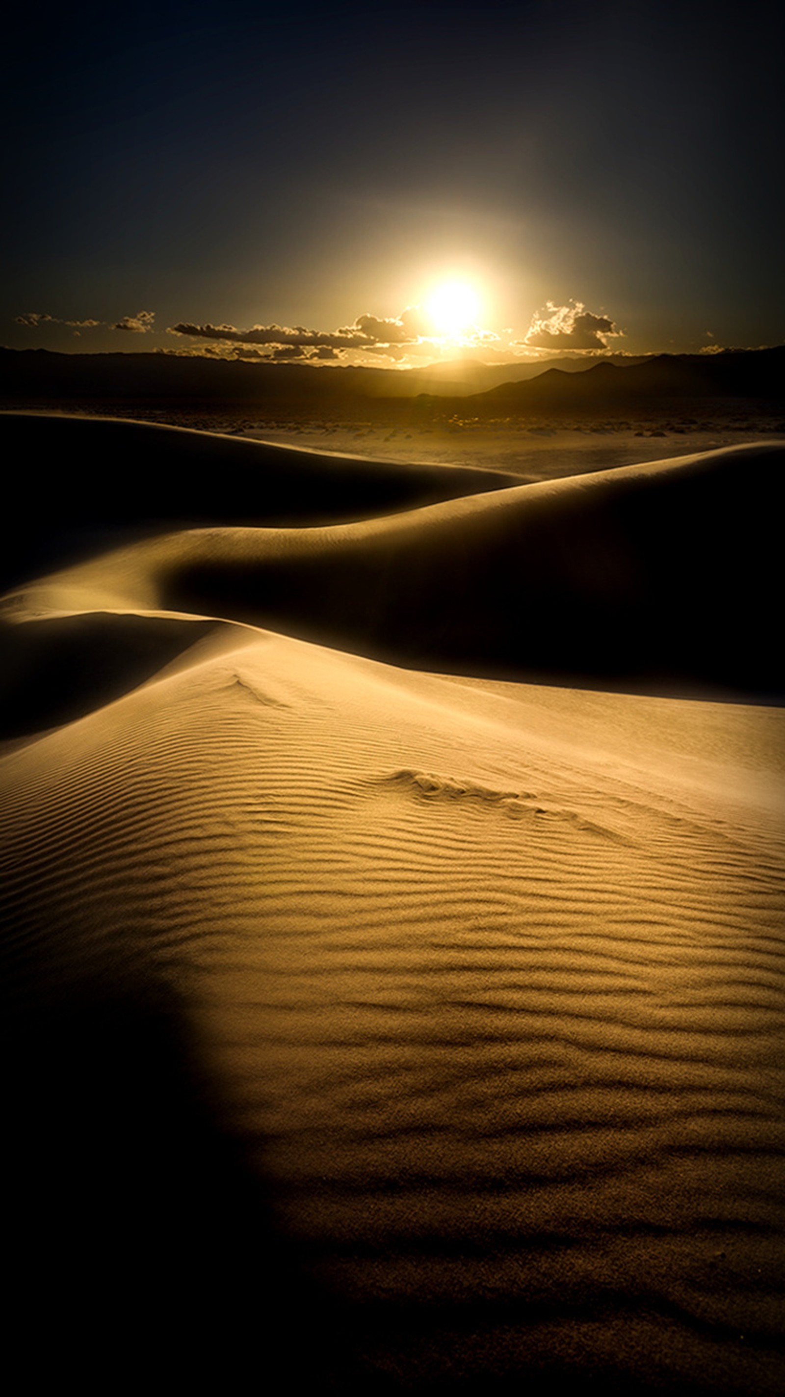 Arafed view of a desert with a sun setting in the distance (golden, sunset)