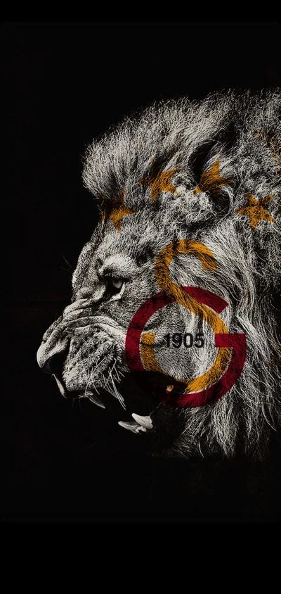 León majestuoso con el emblema de Galatasaray en fuerte contraste