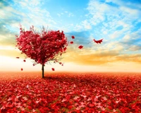 Heart-shaped tree surrounded by vibrant red leaves under a colorful sky.