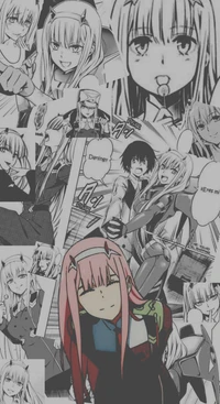 Un collage vibrante que presenta a Zero Two de "Darling in the Franxx", mostrando sus expresiones juguetonas y momentos clave con su pareja, contra un fondo dinámico en blanco y negro.