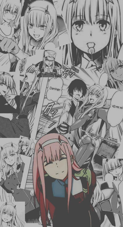 Un collage vibrant mettant en vedette Zero Two de "Darling in the Franxx", montrant ses expressions ludiques et des moments clés avec son partenaire, sur un fond dynamique en noir et blanc.