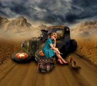 Vintage Pinup mit klassischem Auto und Saguaro-Landschaft