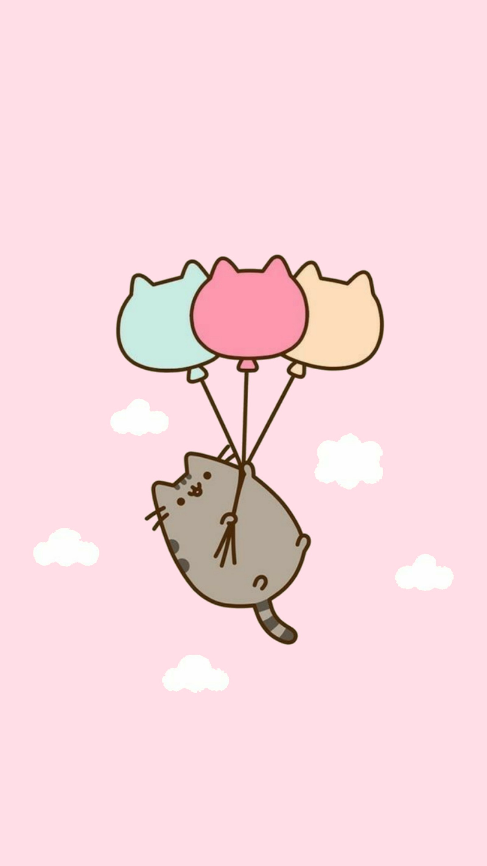 Un gros plan d'un chat volant dans les airs avec des ballons. (ballons, chat, nuages, mignon, pusheen)