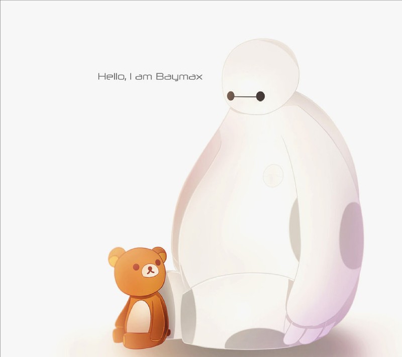 Мультяшный персонаж стоит рядом с медвежонком (hellobaymax, rilakkumabaymax)