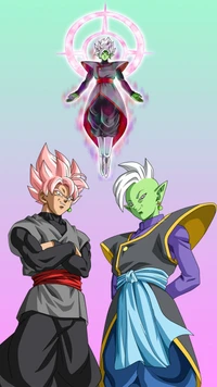 Zamasu und Goku Black aus Dragon Ball Super mit einem himmlischen Hintergrund.