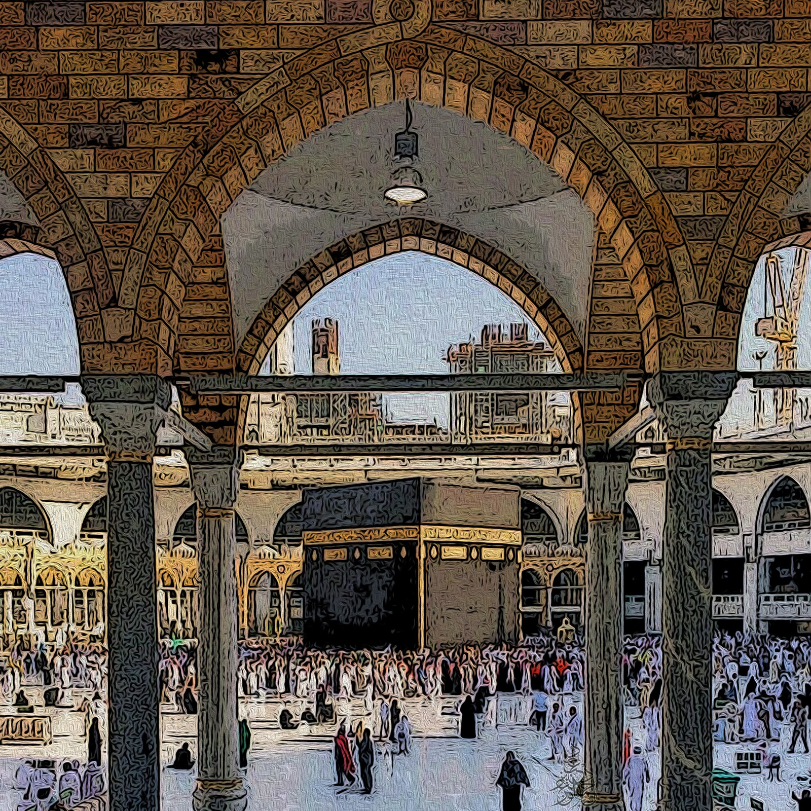 Viele menschen, die in einem großen gebäude herumlaufen (haddsch, hajj, heilige moschee, ihram, islam)