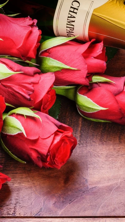 Romantic Toast with Red Roses and Champagne