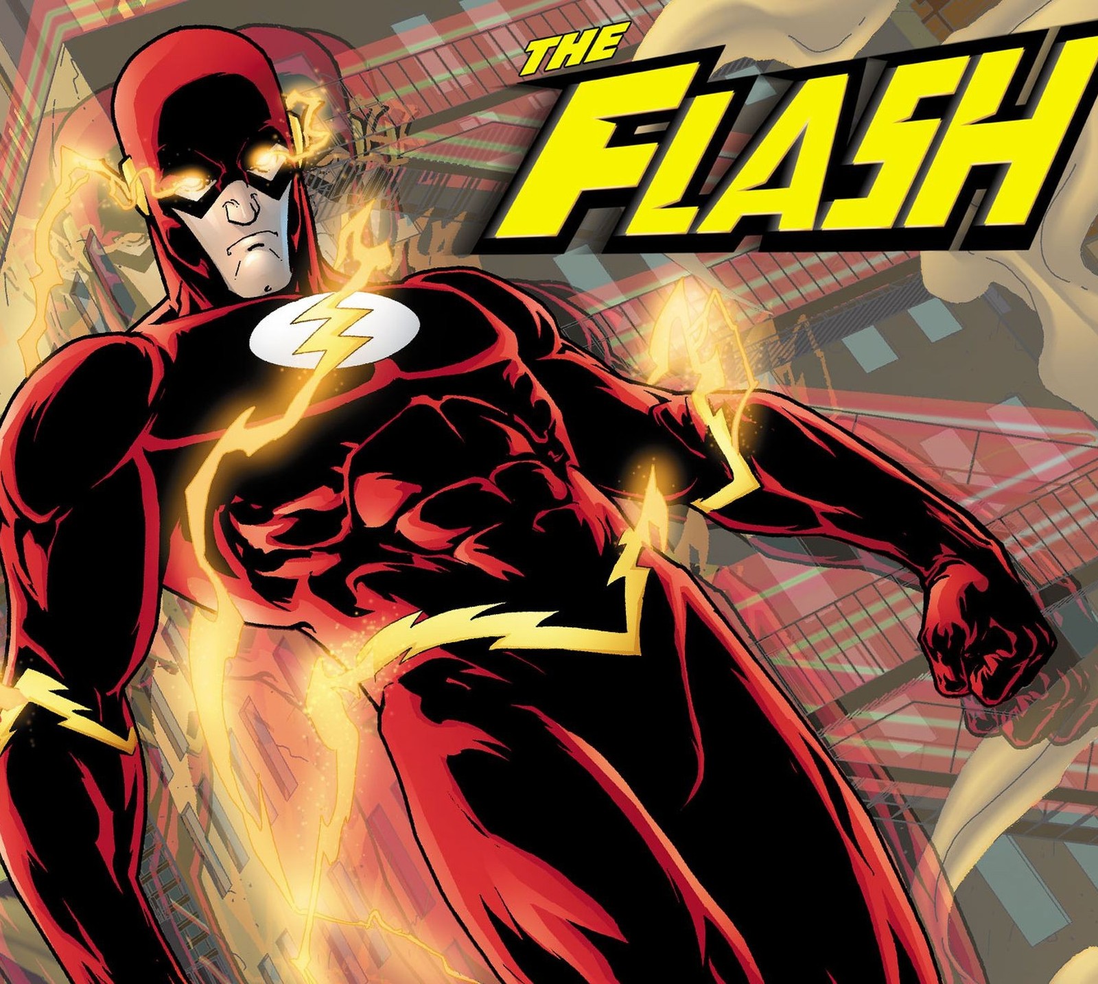 Um close de um flash em um terno vermelho com chamas amarelas (quadrinhos, luigyh, velocidade, super herói, the flash)