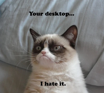 A disgruntled cat expressing disdain for a messy desktop.