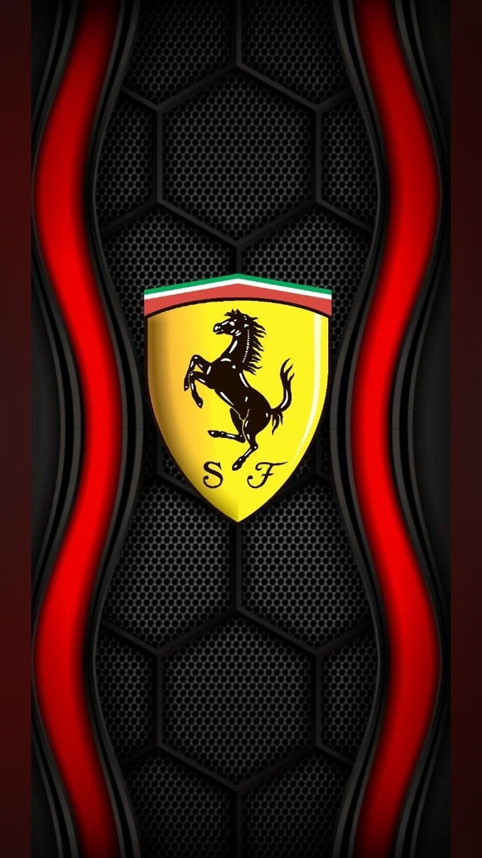 Ein ferrari-logo auf einem schwarz-roten hintergrund (488pista, ferrari logo, laferrari, logo)